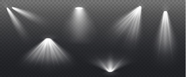 Vektorlicht-Set Lichtquellen Glühlicht-Effekt mit weißen Strahlen Flutlichtstrahl