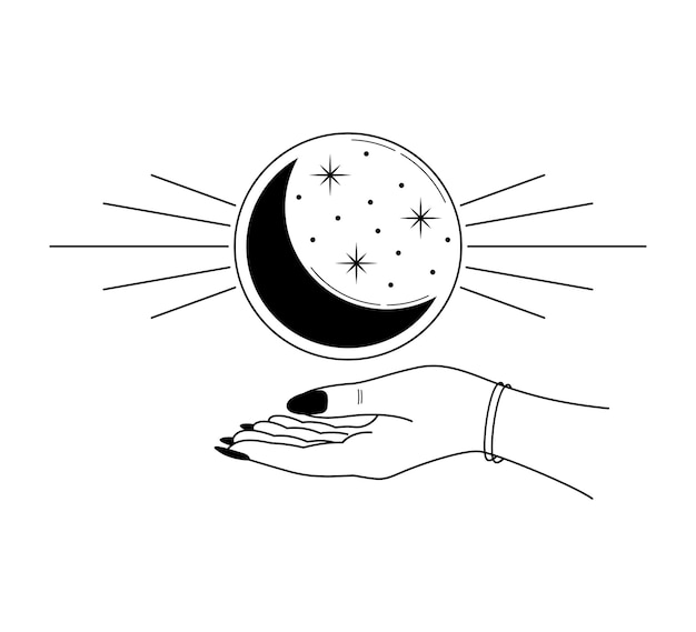 Vektorlineare esoterische illustration mit einer hand, die eine glaskugel mit halbmond und sternen hält