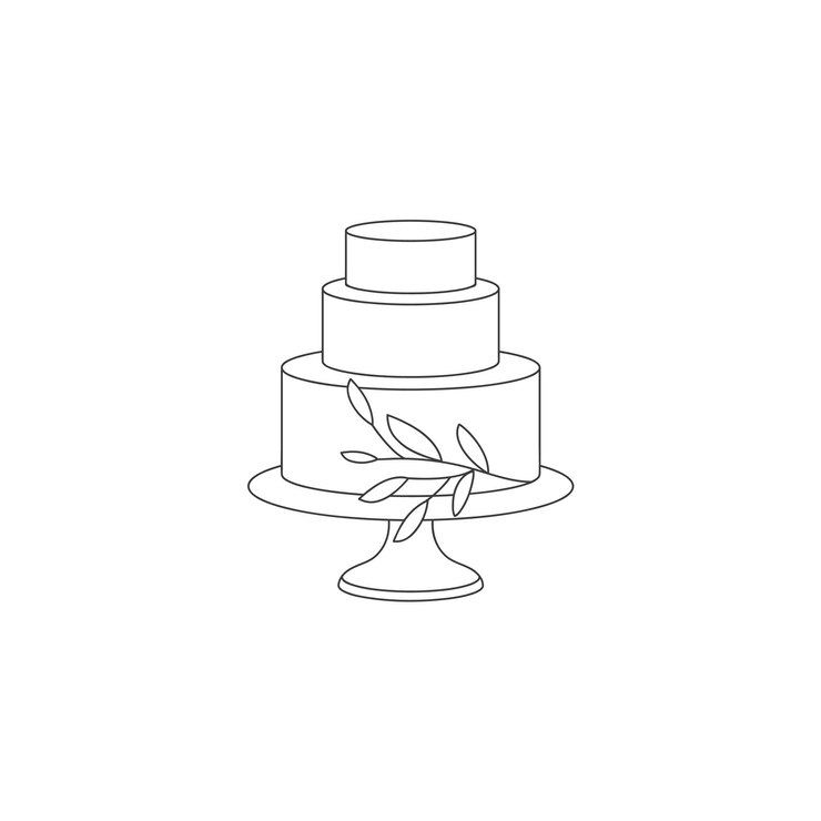 Vektorlinie Illustration Silhouetten der Hochzeitstorte mit Blumenschmuck isoliert auf weißem Hintergrund