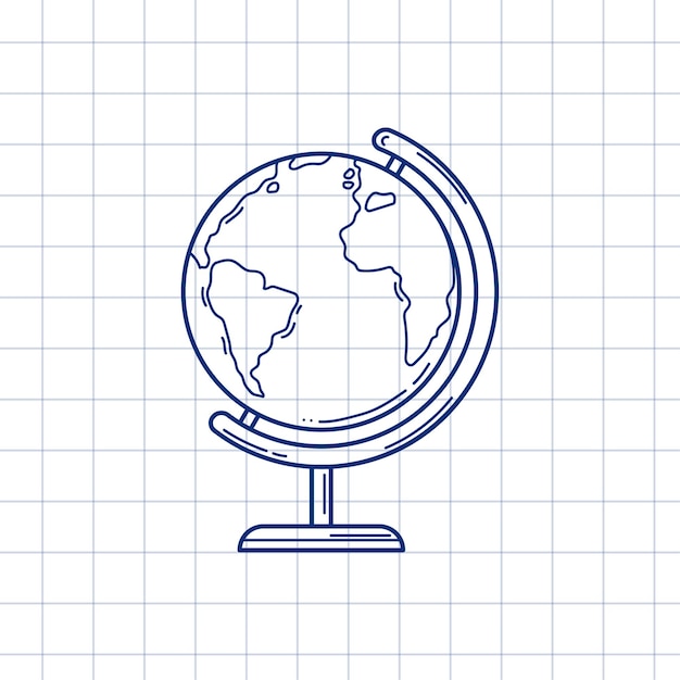 Vektorlinie kunstkugel zum studium der geographie im skizzenstil isoliert auf weißem kariertem hintergrund