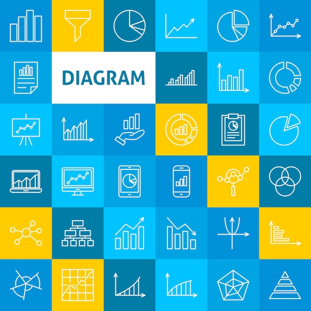 Vektorliniendiagramm-icons. dünne outline-business-analytics-symbole über bunte quadrate.