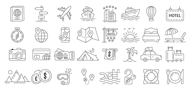 Vektorliniensymbole für Reisen und Tourismus gesetzt