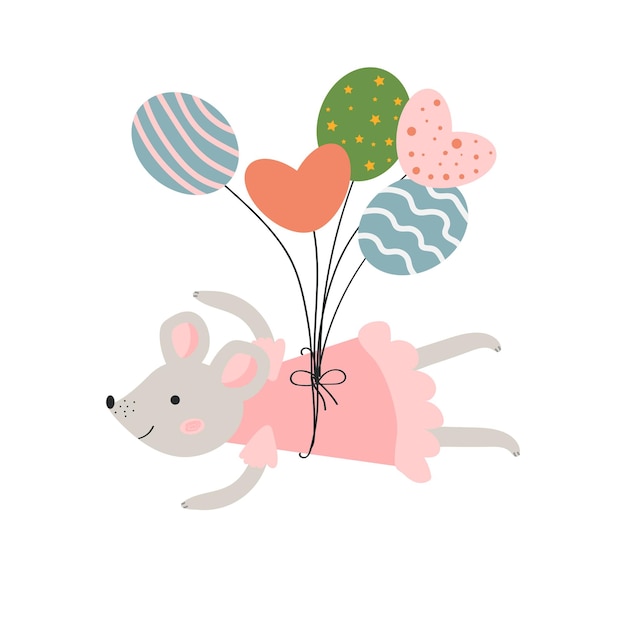 Vektormaus fliegt auf luftballons. graue cartoon-maus in einem rosa kleid. vektorillustration für kinder