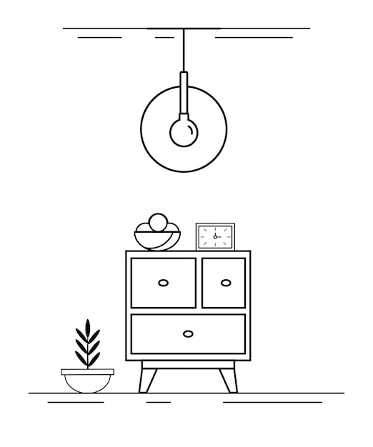 Vektormöbelikone, lineare nachttischikone, uhrikone auf der kommode, moderner kronleuchter