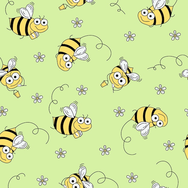 Vektor vektormuster cartoon bienen honig blumen im doodle-stil nahtlose hintergründe tapeten lustige insekten kinderdekor design von textilverpackungen