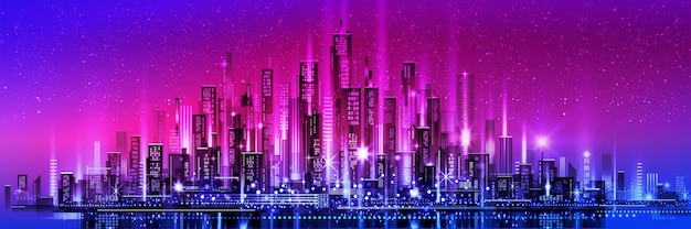Vektornachtstadtillustration mit Neonglühen und lebendigen Farben