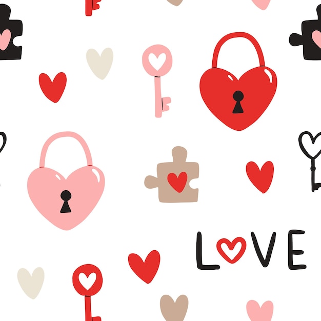 Vektornahtloses Muster für den Valentinstag Herzschlüssel herzförmiges Schloss und Puzzleteil Doodle-Illustration für Tapetenfüllungs-Webseiten-Hintergrundoberflächentexturen