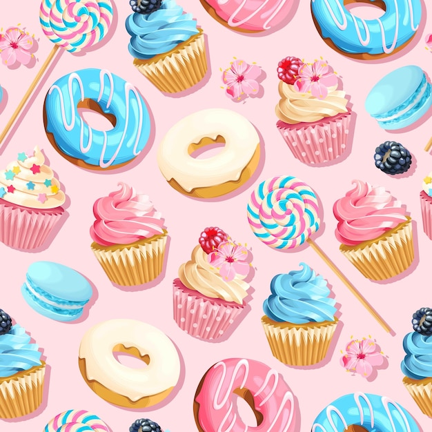 Vektornahtloses Muster mit Cupcakes und Donuts