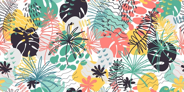Vektornahtloses Muster mit handgezeichneten Blumenelementen Helle Farbe tropischer Hintergrund Wiederholbarer Dschungelhintergrund