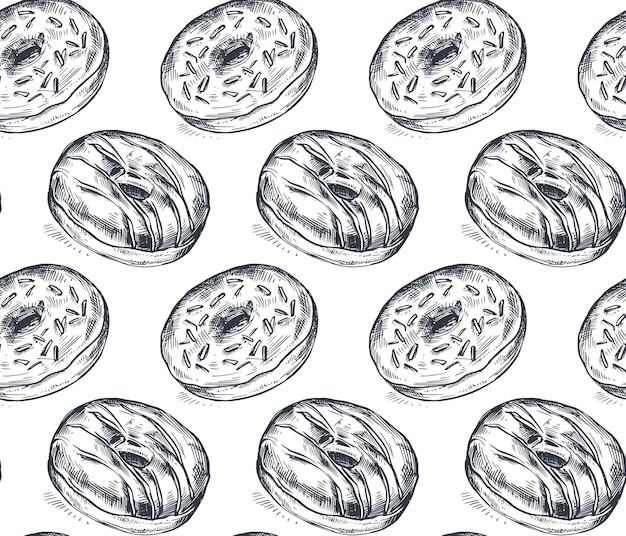 Vektornahtloses muster mit handgezeichneten donuts im skizzenstil amerikanisches essen