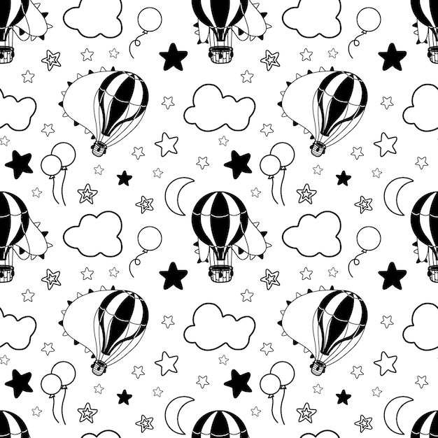 Vektornahtloses muster mit heißluftballons und wolken handgezeichnete illustration für babytextilien oder hintergrund hintergrund mit silhouetten von sternen und halbmond