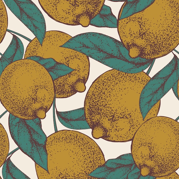 Vektornahtloses Muster mit vielen handgezeichneten Vintage-Zitronen und Blättern