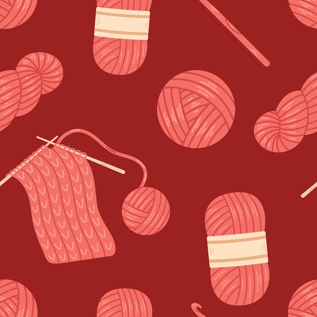 Vektornahtloses muster mit wollgarnkugeln und -knäueln stricknadeln und häkelnadeln hintergrund mit strickwerkzeugen in roten farben gemütliches bastelhobby muster mit wollgarn in flachem design