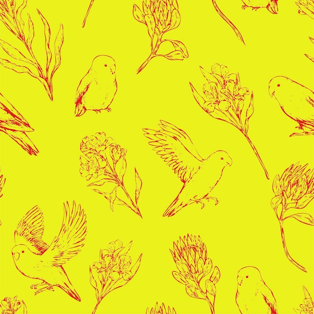 Vektornahtloses Muster von Papageien, Lovebirds und exotischen Blumen. Tropische Verzierung für Designtapete, Verpackung, Gewebe, Hintergrund.