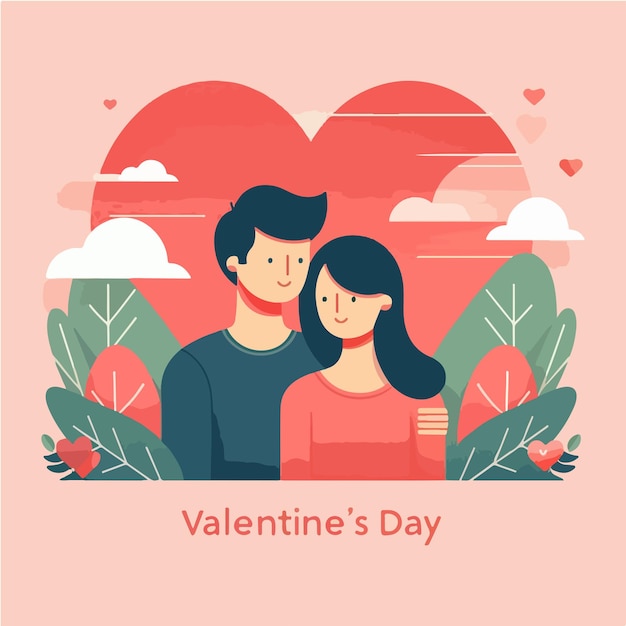 Vektorpaar mit dem Text Happy valentines day in einem einfachen und minimalistischen flachen Designstil