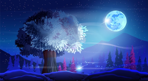 Vektorphantasie-Nachtlandschaft mit einem schönen gebogenen Baum, Bergen, Baum und Mond auf einem Sternenhimmelhintergrund. Burgunderrotes Laub und nächtliche fabelhafte Farben.