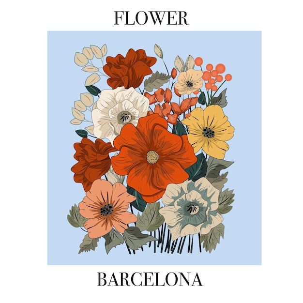 Vektorplakat mit einem blumenstrauß auf blauem hintergrund und der aufschrift blumen barcelona