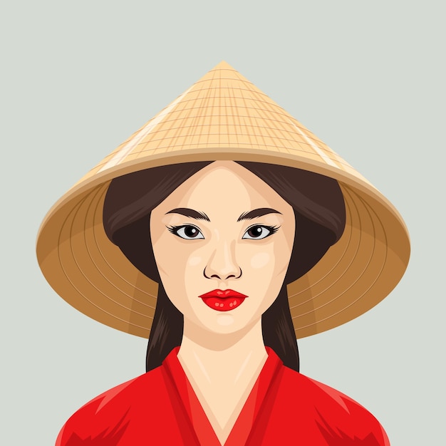 Vektorporträt einer schönen jungen asiatischen Frau mit chinesischem asiatischem traditionellen konischen Strohhut vietnamesischem Dreieck Nonla Hut Non La Kopfbedeckung Asiatische Frauenporträt in Frontansicht