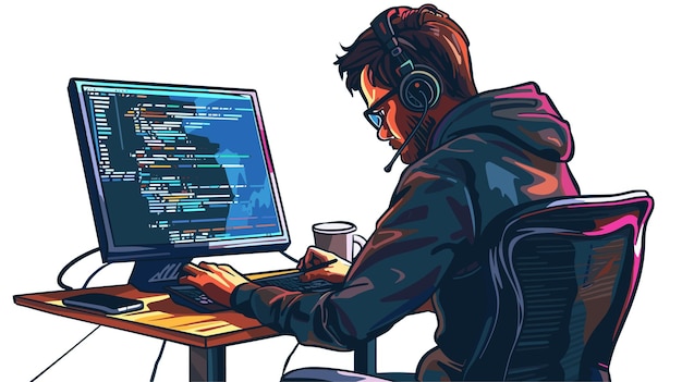 Vektorprogrammierer an einem Computer auf weißem Hintergrund Generative KI
