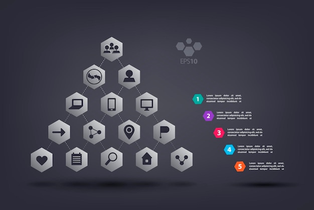 Vektorpyramiden-infografiken mit websymbolen abstraktes element des diagrammdiagramms 5 schritte optionen teile prozesse