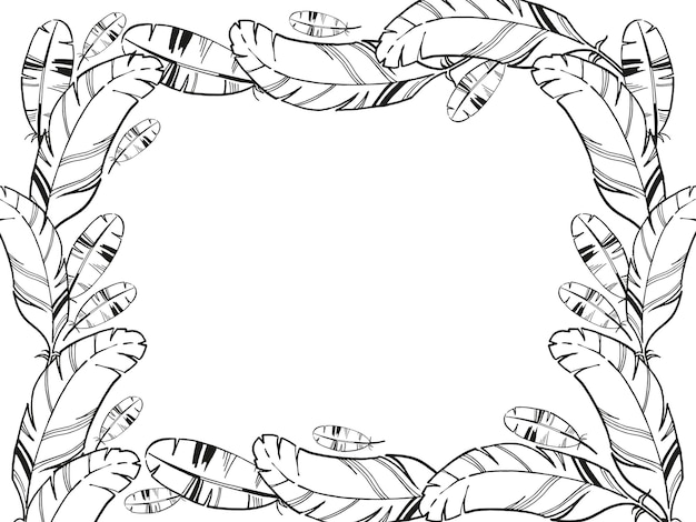 Vektorrahmen einer handgezeichneten Vogelfeder mit gefärbten Flecken Monochrom-Illustration der Feder schwarz-weiße Skizze isoliert auf weißem Hintergrund