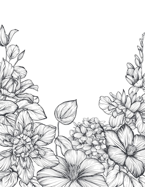 Vektorrahmen mit handgezeichneten blühenden Gartenblumen und Blättern Am besten für Einladungskarten