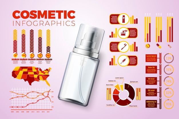 Vektor vektorrealistische 3d-cremeflasche mit business-infografik-symbolen und diagrammen isoliert auf hell