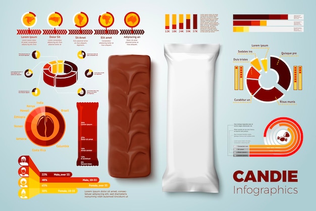 Vektorrealistische 3d-schokoladenpackung mit business-infografiken-symbolen und diagrammen isoliert auf hell