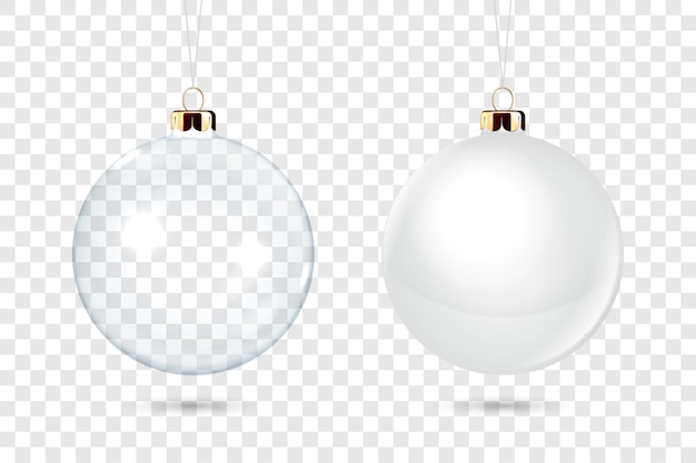 Vektor vektorrealistische 3d-weihnachtsglänzende glaskugel-icon-mockup-set nahaufnahme isoliert auf transparentem gitterhintergrund design-vorlage von weihnachts- und neujahrs-baum-spielzeug-dekorationsball für mockup-vorderansicht