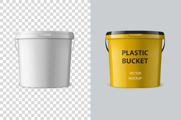 Vektor vektorrealistischer 3d-weißer kunststoffeimer für lebensmittel, farbe, lebensmittel, klebstoffe, grundierungen, kitt, isolierte designvorlage von packagin für mockup, vorderansicht