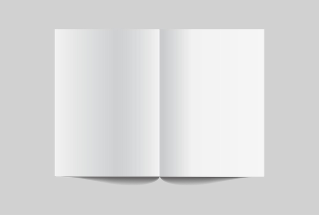 Vektorrealistisches 3D-Open-Magazin-Mockup mit weißem Leerpapier, das auf dem Hintergrund isoliert ist Für die Geschäftspräsentation Zeitschrift Notizbuch Broschüre Katalog Verleger Werbung Unternehmen