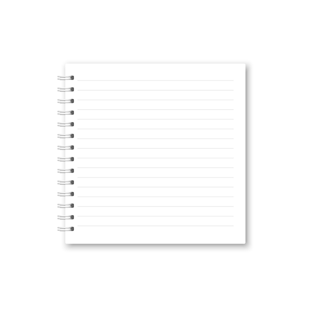 Vektorrealistisches geöffnetes Notizbuch Quadratisches, weißes, metallisches, spiralgebundenes, leeres Schreibheft gefüttert