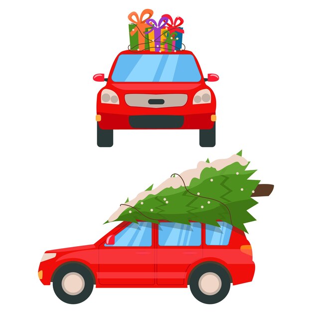 Vektor vektorrotes auto trägt einen weihnachtsbaum für weihnachten oder neujahrsfeier.