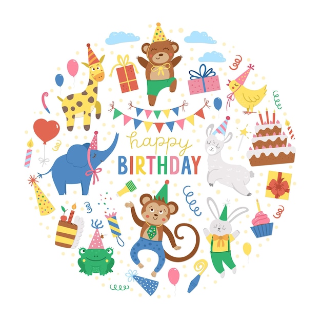 Vektorrunder rahmen mit happy birthday-elementen. traditionelle jubiläumsparty clipart. lustiges design für banner, poster, einladungen. nette festliche feiertagskartenschablone in kreisform.