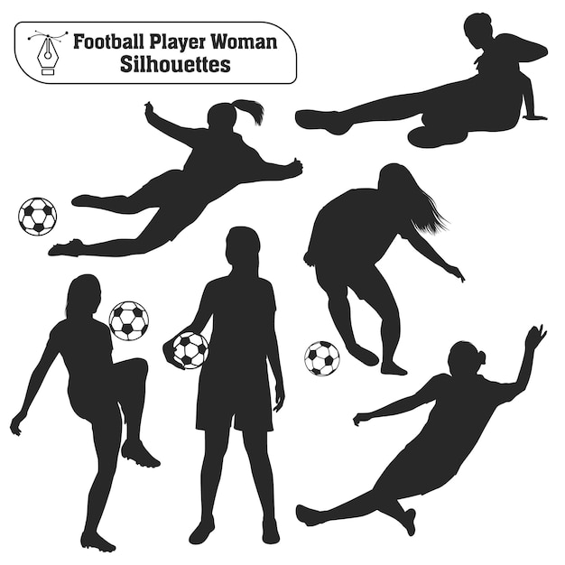 Vektorsammlung von frauen, die fußball oder fußballsilhouetten in verschiedenen posen spielen