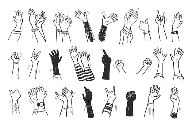 Vektorsammlung von menschlichen Händen hoch, Gesten, Daumen hoch, Gruß, Applaus so weiter isoliert auf weißem Hintergrund. Handgezeichnet, flach, Skizzenstil. Für Karten, Werbung, Banner, Einladungen, Anhänger etc.