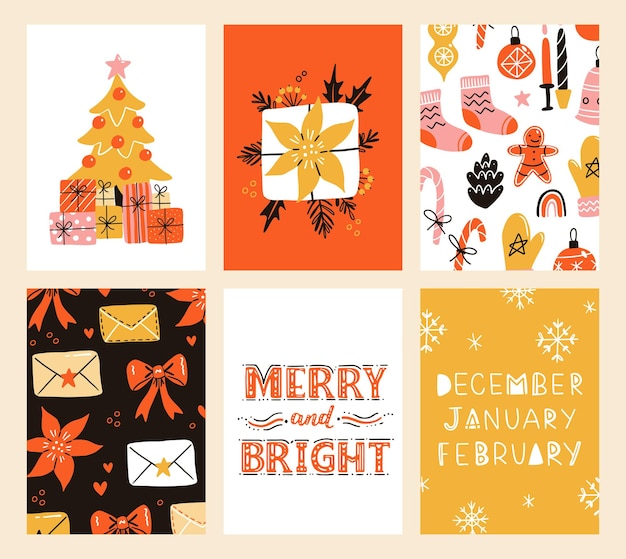 Vektorsammlung von weihnachtsplakatvorlagen neujahr 2023 satz von weihnachtsgrußkarten helle farben präsentiert und handgeschriebene schriftzüge für ihre einladung und ihr design