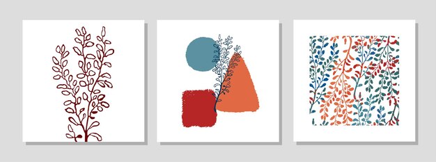 Vektorsatz collage modernes plakat mit abstrakten formen und illustration der pflanze. skandinavischer stil. für poster, druck, grußkartenvorlage, social-media-post