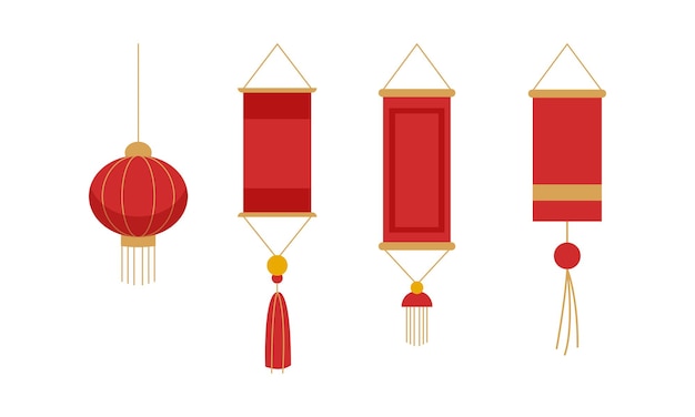 Vektorsatz der traditionellen chinesischen glücklichen Knotenquasten-hängenden Maskottchendekoration mit Gold