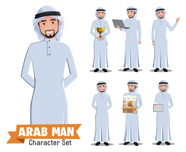 Vektorsatz für arabische Mann-Angestellter-Charaktere Arabischer männlicher Bürocharakter, der Büro-Laptop-Box hält