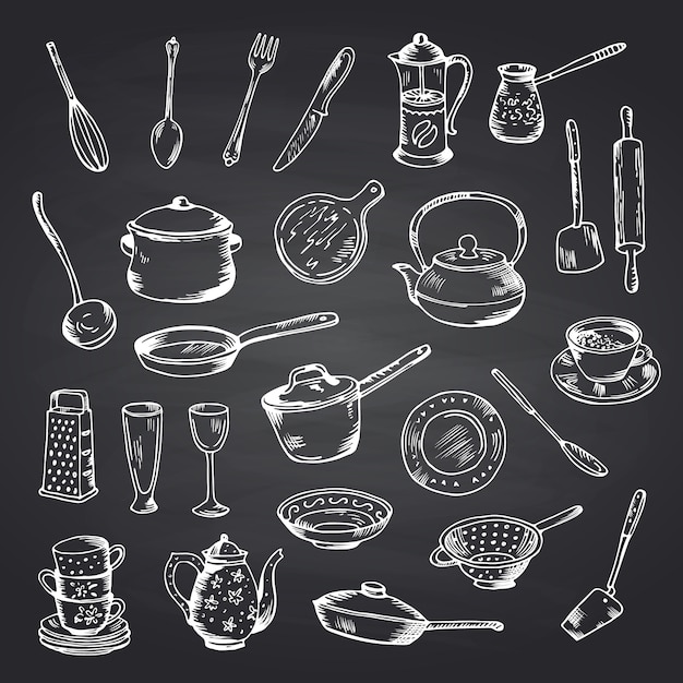 Vektorsatz hand gezeichnete küchengeräte auf schwarzer tafelillustration
