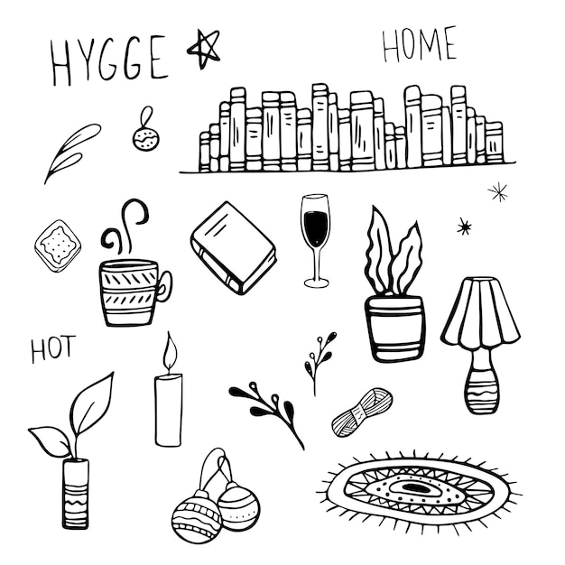 Vektor vektorsatz handgezeichnete home-hygge-elemente doodles