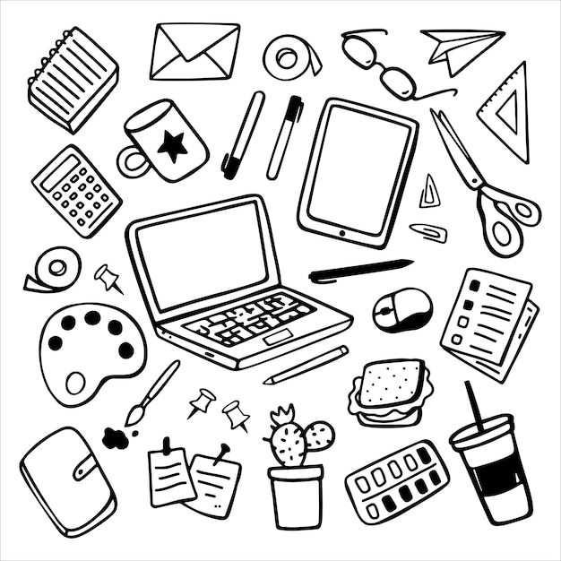 Vektorsatz stationärer doodle-skizzen verschiedene doodle-elemente für die erstellung von arbeitsausbildungen