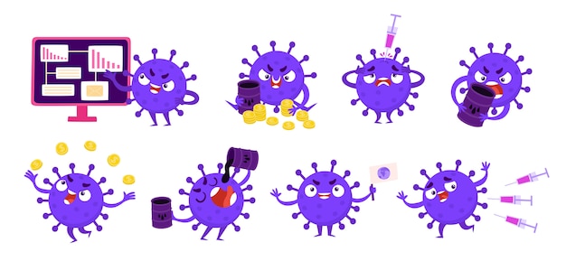 Vektorsatz von coronavirus-zeichen, die öl- und goldmünzen greifen, laufen vom impfstoff. flaches karikaturkonzept der globalen finanzkrise, weil coronavirus-pandemie in neonfarben für plakat, website verwendet
