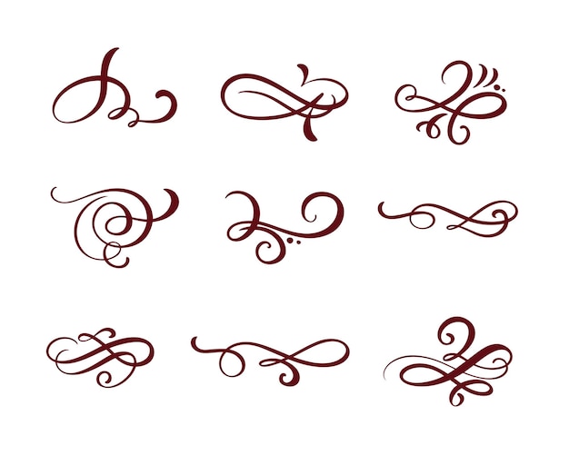 Vektorsatz von floralen kalligrafischen Elementen, Trennwänden und gedeihenden Ornamenten für Seitendekoration und Rahmendesign
