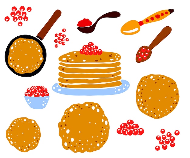 Vektor vektorsatz von handgezeichneten elementen für maslenitsapancakes und kaviar