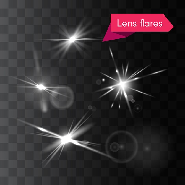 Vektor vektorsatz von lens flares und leuchtenden weißen blitzelementen auf transparentem hintergrund