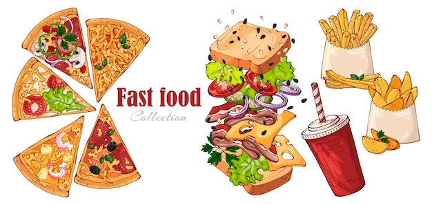 Vektorschnellimbiß: Sandwich, Landkartoffeln, Pizza, Getränk.