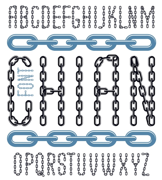 Vektorschrift, trendiges typoskript kann bei der postererstellung verwendet werden. kreative großbuchstaben aus stahlkettenglied, verbundenes glied.