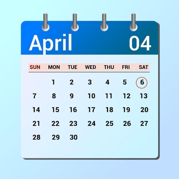 Vektorseite des Kalenders für den Monat April und hervorgehobenes Datum 6. April